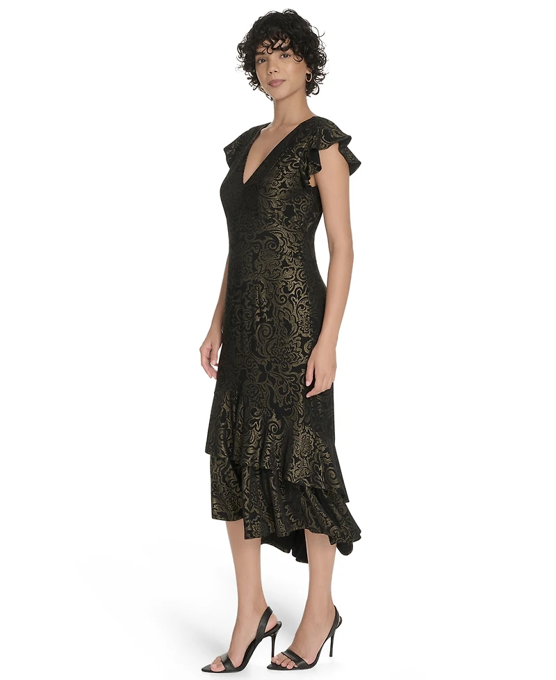 Tommy Hilfiger Petite Flutter Sleeve Foil Midi Dress