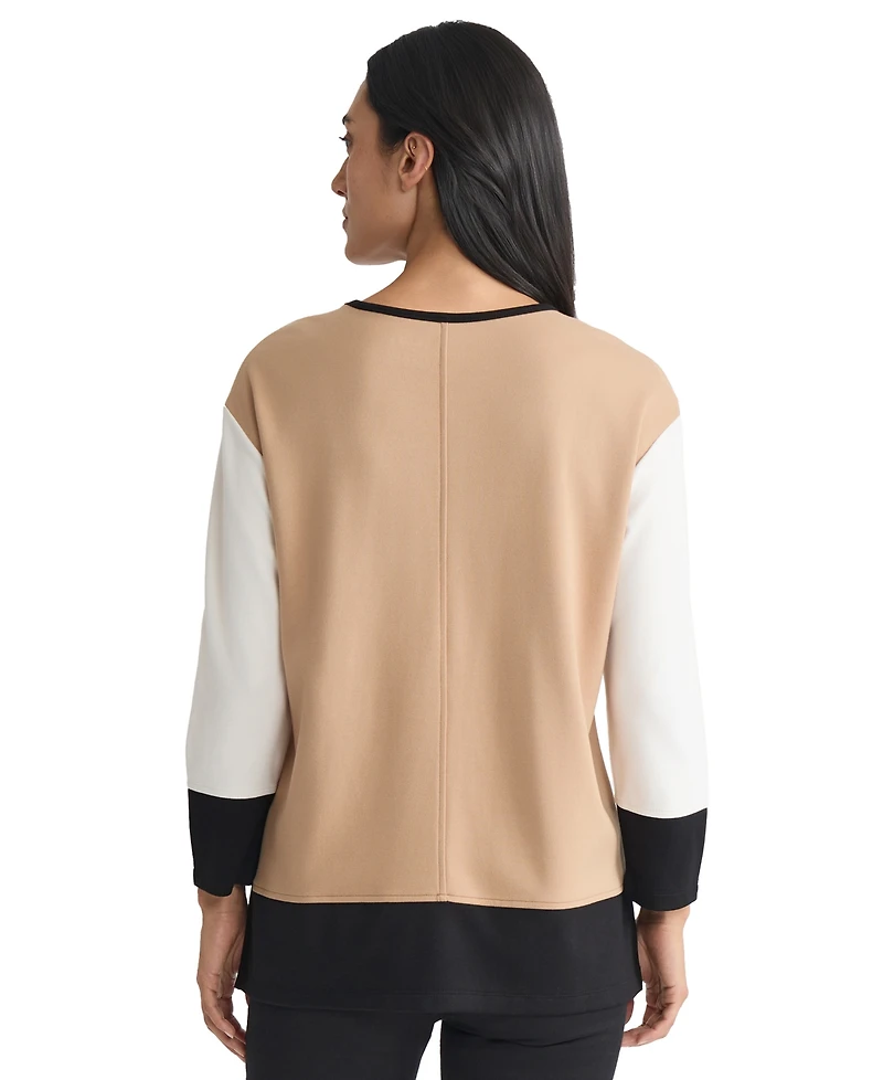 Jones New York Petite Long Sleeve Crew Neck Colorblock Top