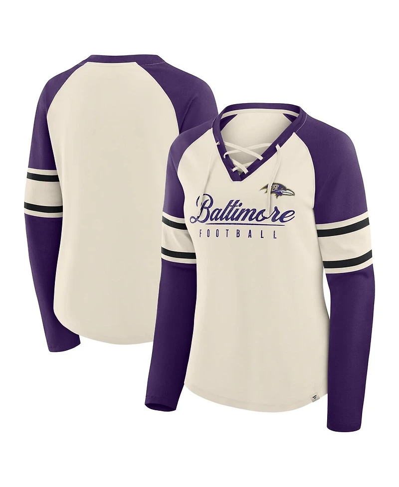 Fanatics Women's Cream/Purple Baltimore Ravens Hometown Gridiron Hero Raglan Lace-Up V-Neck Long Sleeve T-Shirt