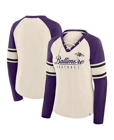 Fanatics Women's Cream/Purple Baltimore Ravens Hometown Gridiron Hero Raglan Lace-Up V-Neck Long Sleeve T-Shirt