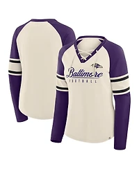 Fanatics Women's Cream/Purple Baltimore Ravens Hometown Gridiron Hero Raglan Lace-Up V-Neck Long Sleeve T-Shirt