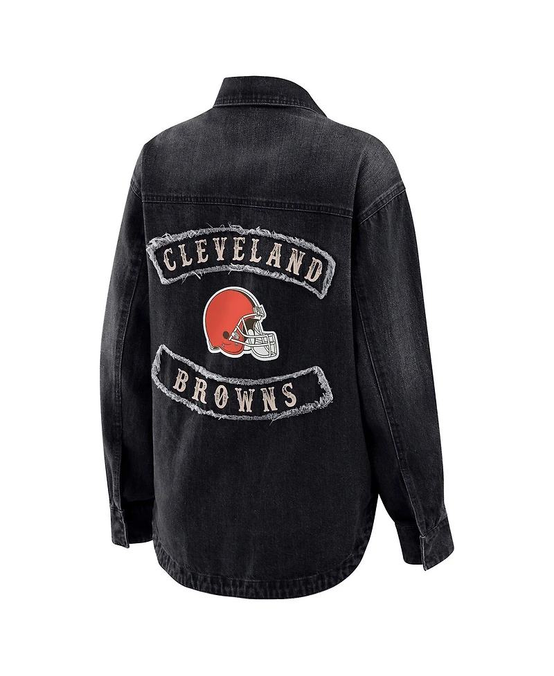 Wear by Erin Andrews Women's Black Cleveland Browns Washed Oversized Denim Full-Snap Shacket