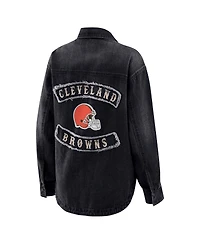 Wear by Erin Andrews Women's Black Cleveland Browns Washed Oversized Denim Full-Snap Shacket