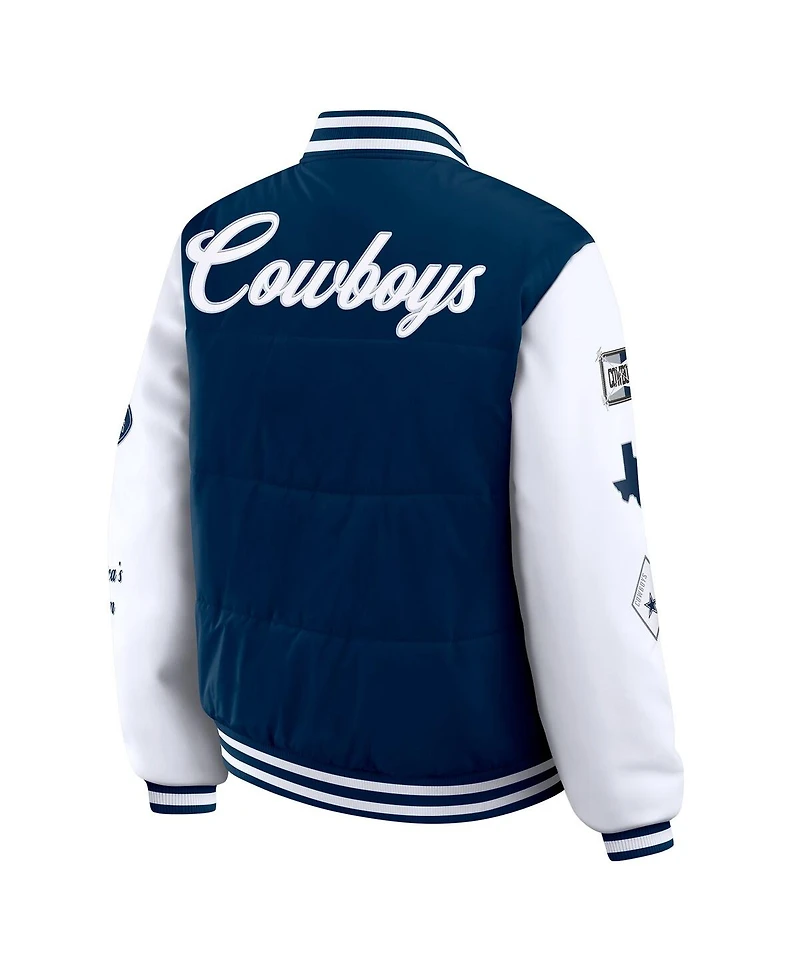Wear by Erin Andrews Women's Navy Dallas Cowboys Varsity Full-Snap Puffer Jacket