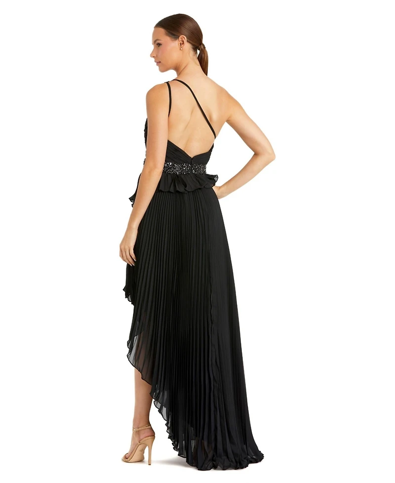 Mac Duggal Women's Embellished Gown with Strappy Open Back & Asymmetrical Ruffle Hem