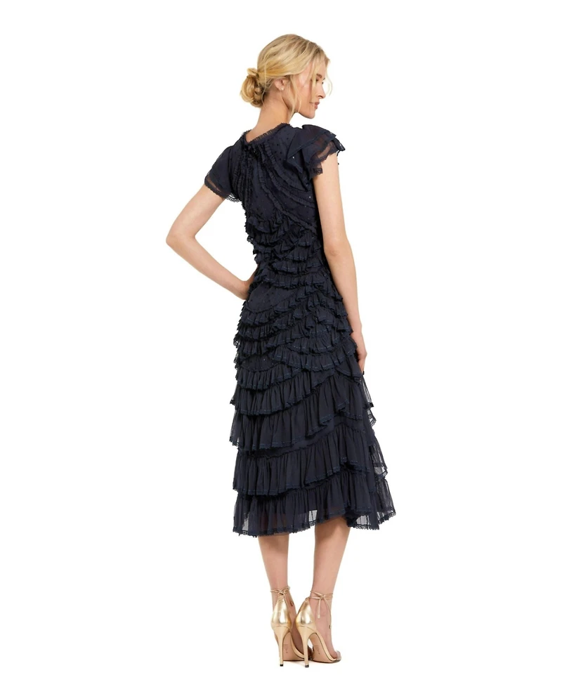 Mac Duggal Women's High Neck Ruffle Mesh Midi Dress