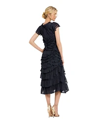Mac Duggal Women's High Neck Ruffle Mesh Midi Dress