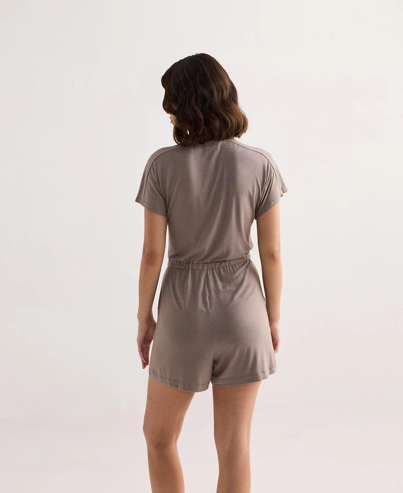 Reistor Women's V neck Drawstring Knit Romper Dusty brown