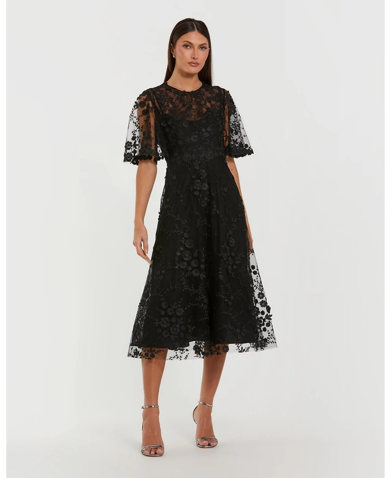 Mac Duggal Women's Flutter Sleeve Embroidered Midi Dress