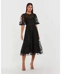 Mac Duggal Women's Flutter Sleeve Embroidered Midi Dress