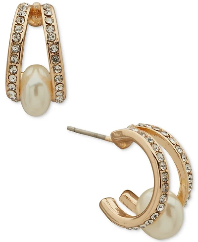 Anne Klein Imitation Pearl and Crystal Stone Gold-Tone 2-Row Pave Hoop Earrings