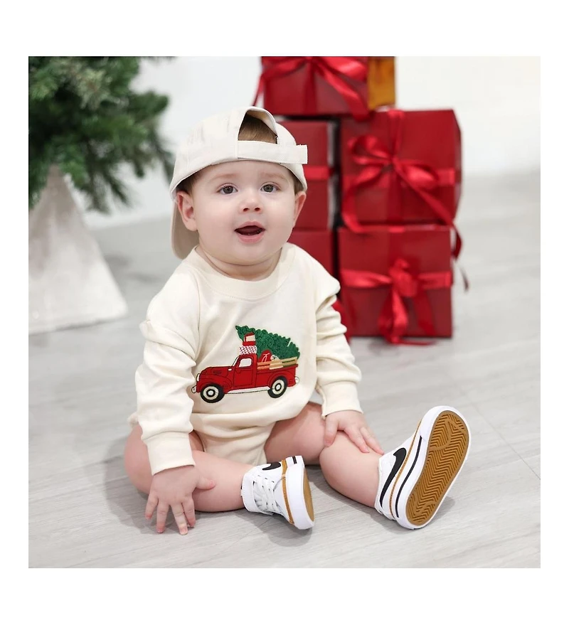 Sweet Wink Baby Boys Christmas Truck Patch Long Sleeve Romper