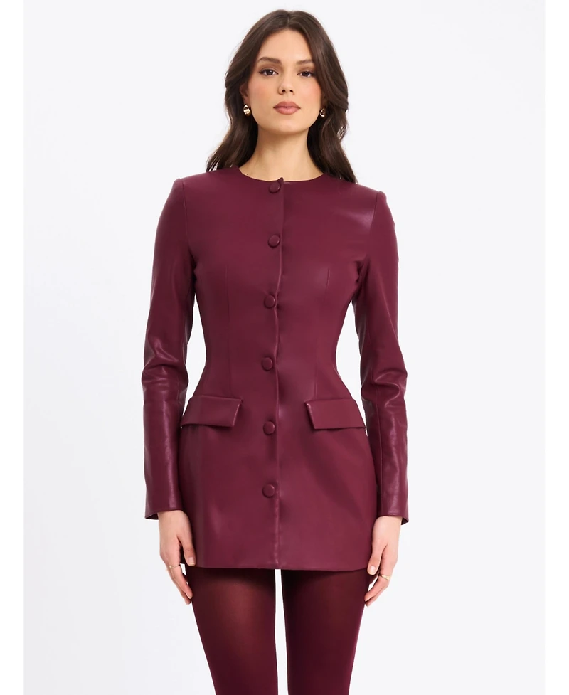 Miss Circle Women Baila Burgundy Faux Leather Blazer Mini Dress
