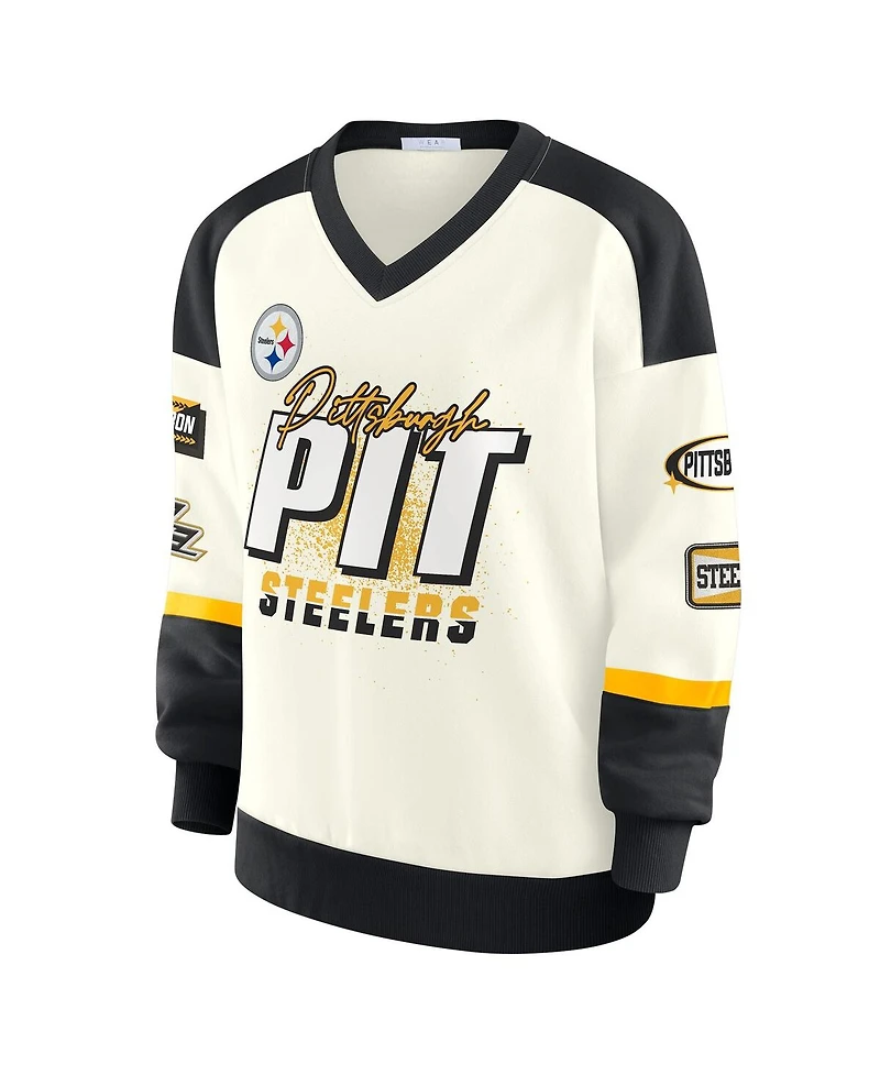 Wear by Erin Andrews Women's Cream Pittsburgh Steelers Racing Crew V-Neck Sweatshirt