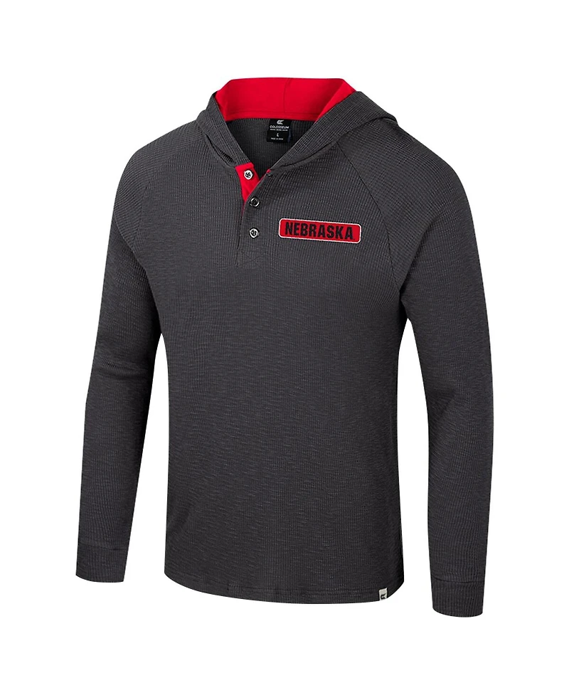 Colosseum Men's Charcoal Nebraska Huskers Dujour Ralgan Long Sleeve Henley Hoodie T-Shirt