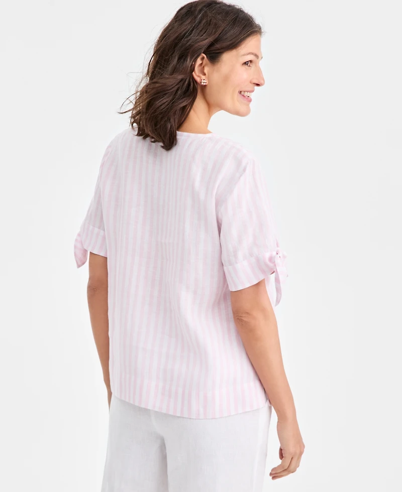 Charter Club Women's 100% Linen Tie-Cuff Split-Neck Top, Macy's Exclusive