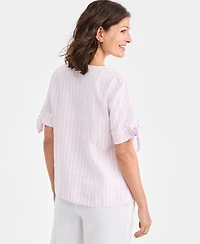 Charter Club Women's 100% Linen Tie-Cuff Split-Neck Top, Macy's Exclusive