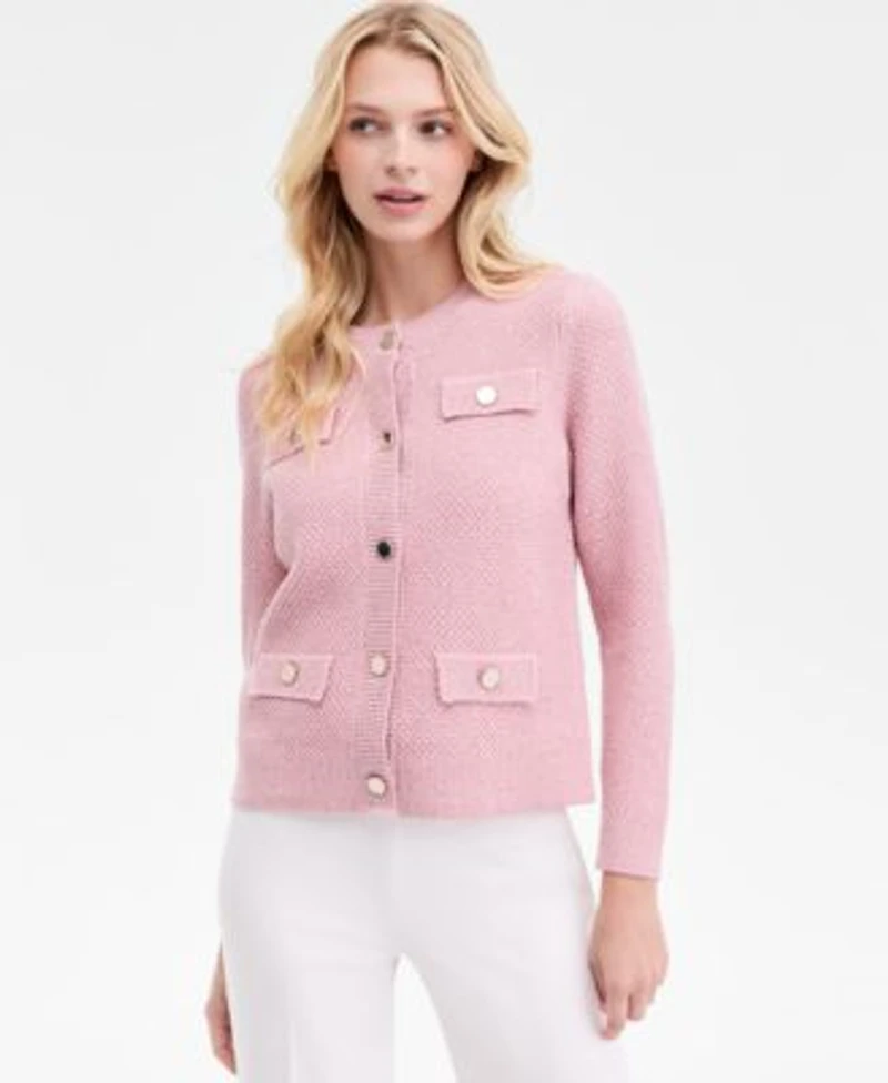 Anne Klein Womens Glitz Lady Crewneck Cardigan Mid Rise Wide Leg Pull On Pants