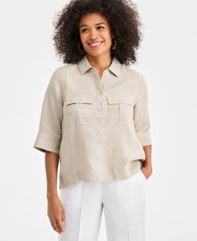 Charter Club Womens 100 Linen Solid Half Placket Elbow Sleeve Blouse Macys Exclusive