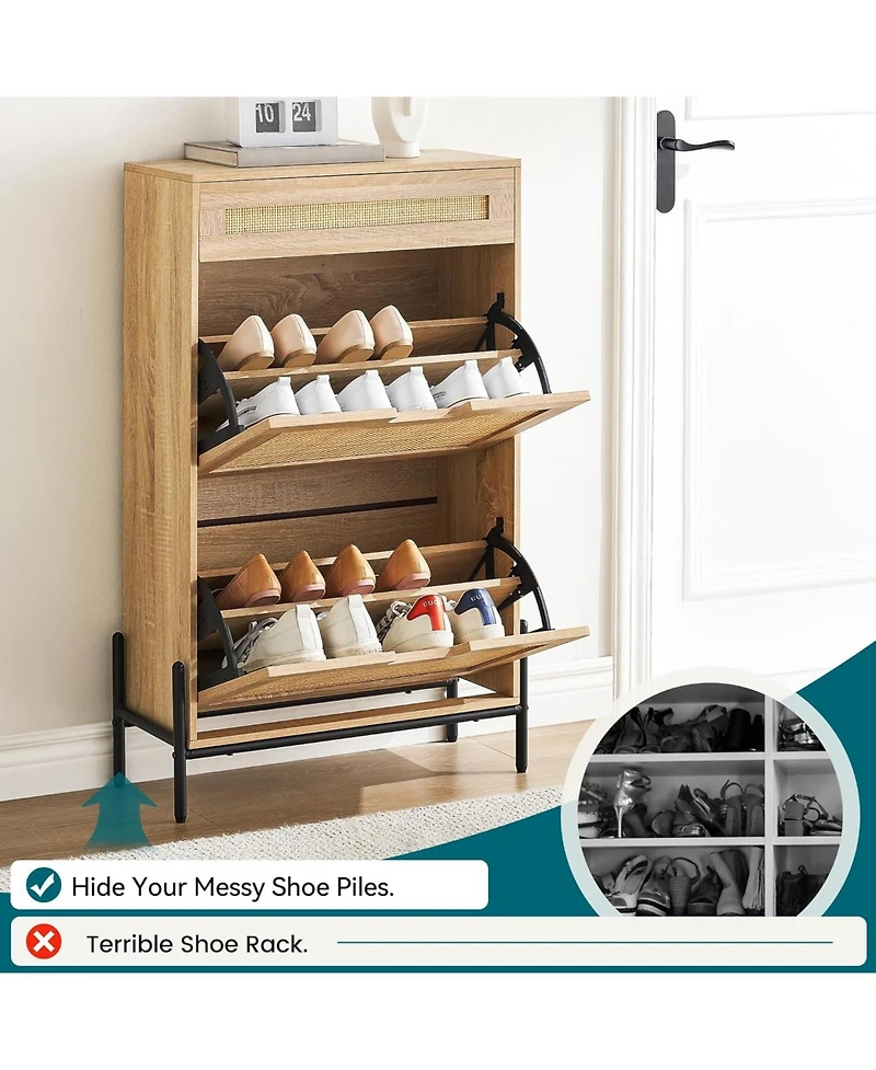 Shoe Storage Cabinet with 2 Flip Doors and Drawers, Rattan Shoe Organizer with Metal Legs and Adjustable Shelf, Freestanding Shoe Rack Cabinet
