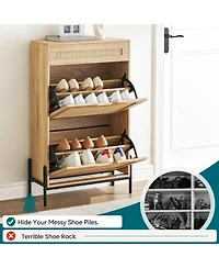 Shoe Storage Cabinet with 2 Flip Doors and Drawers, Rattan Shoe Organizer with Metal Legs and Adjustable Shelf, Freestanding Shoe Rack Cabinet