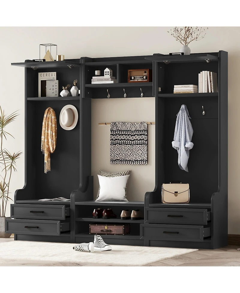 4-in-1 Detachable Hall Tree with Storage and 7 Hooks, Multiple Functions Hallway Coat Rack Drawers Cabinet, Shoe Bench