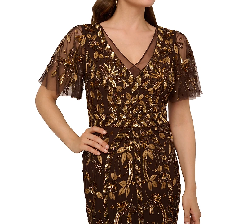 Adrianna Papell Women's V-Neck Embellished Flutter-Sleeve Dress