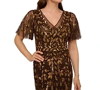 Adrianna Papell Women's V-Neck Embellished Flutter-Sleeve Dress