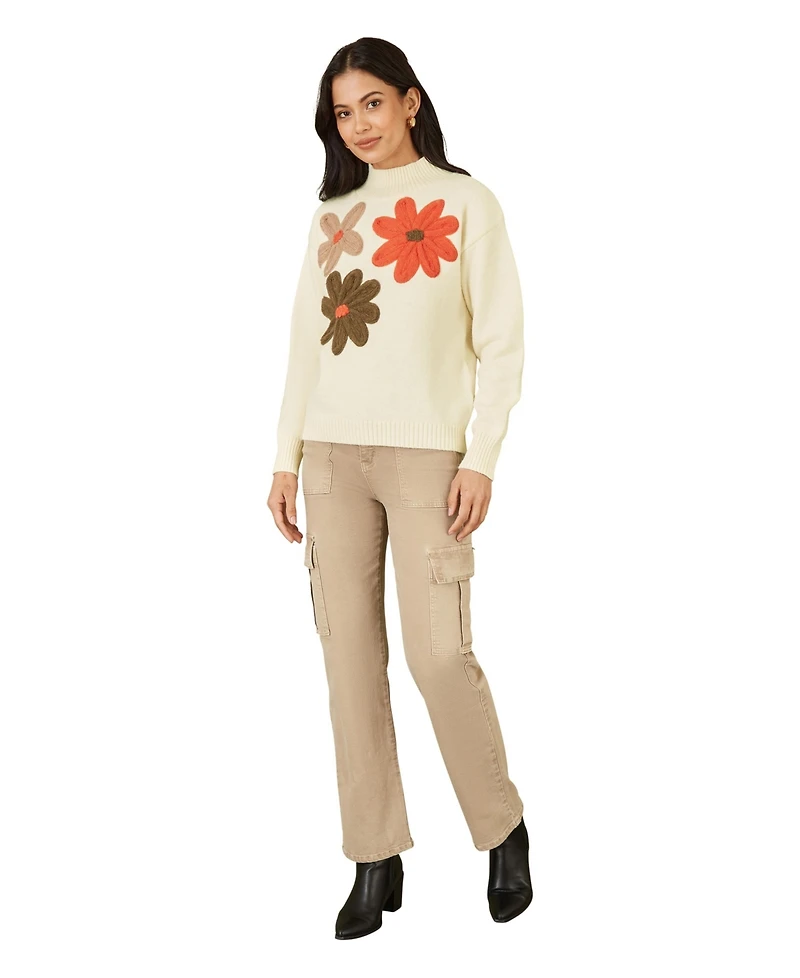 Yumi Women's Floral Detail High Neck Knit Sweater