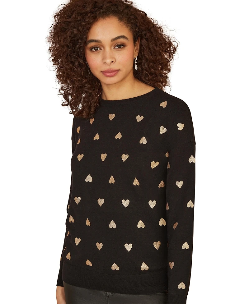 Yumi Women's Foil Heart Print Relaxed Fit Sweater