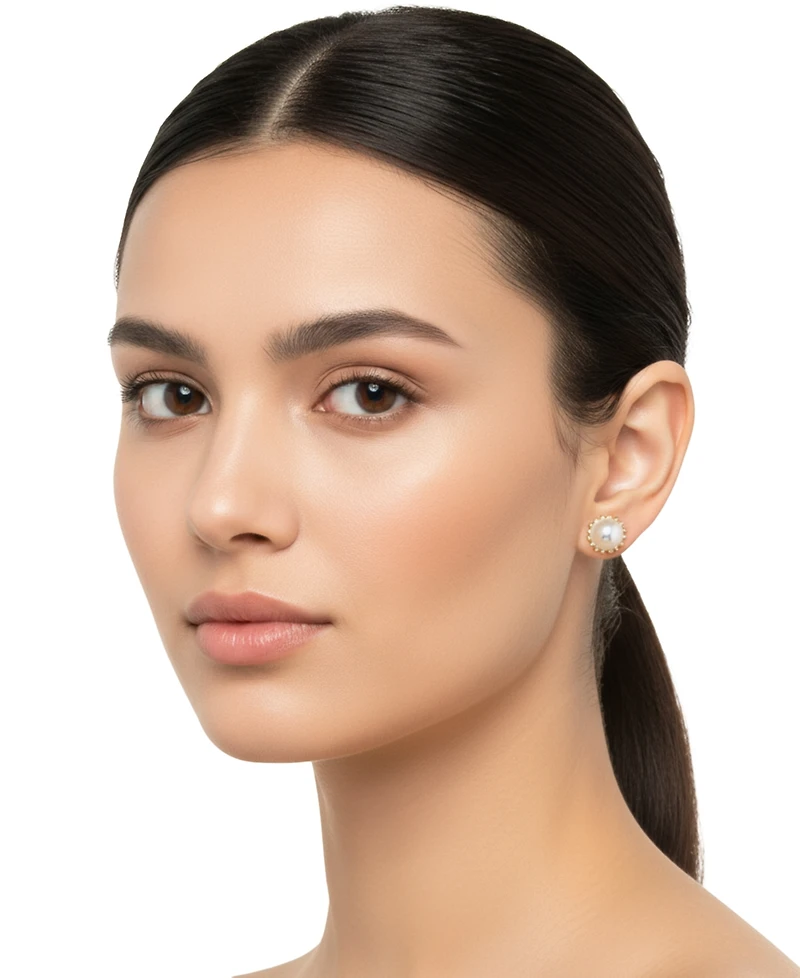 Macy's Cultured Freshwater Pearl (9.5-10mm) and Lab Created White Sapphire Earrings (0.16 ct. t.w.) in Sterling Silver with 14K Gold Plating