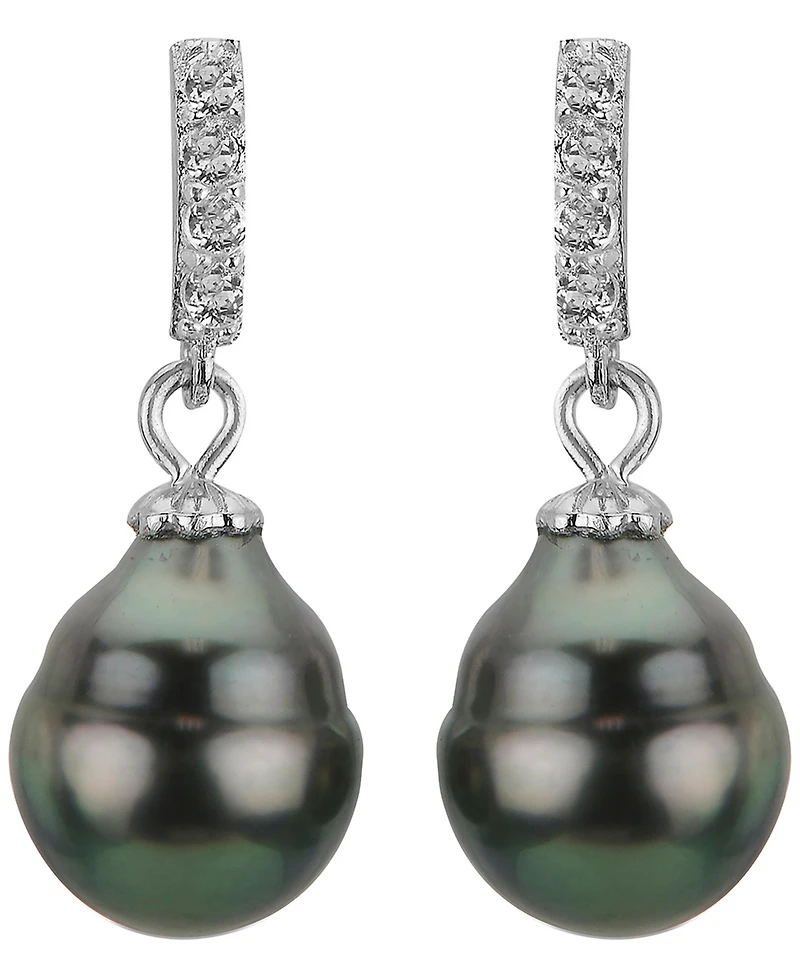 Macy's Cultured Tahitian Pearl (8-9mm) and Lab Created White Sapphire (0.152 ct. t.w.) Drop Earrings in Sterling Silver