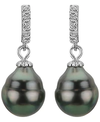 Macy's Cultured Tahitian Pearl (8-9mm) and Lab Created White Sapphire (0.152 ct. t.w.) Drop Earrings in Sterling Silver