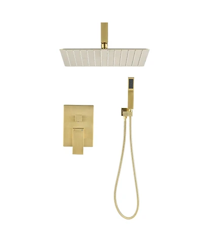 Rainsken Ceiling Mounted Shower System Combo Set with Handheld and 12" Shower Head, Gold