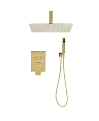 Rainsken Ceiling Mounted Shower System Combo Set with Handheld and 12" Shower Head, Gold