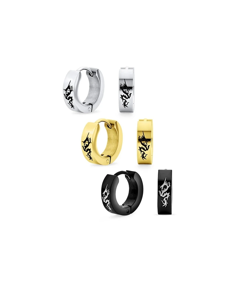 Bling Jewelry Set of 3 Cross Dragon Stars Skulls Greek Key Earrings Black Gold Plated Steel