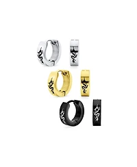 Bling Jewelry Set of 3 Cross Dragon Stars Skulls Greek Key Earrings Black Gold Plated Steel