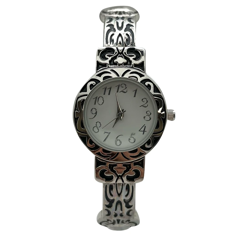 Olivia Pratt Elegant Metallic and Detailed Round Face Bangle Women Watch, Silver