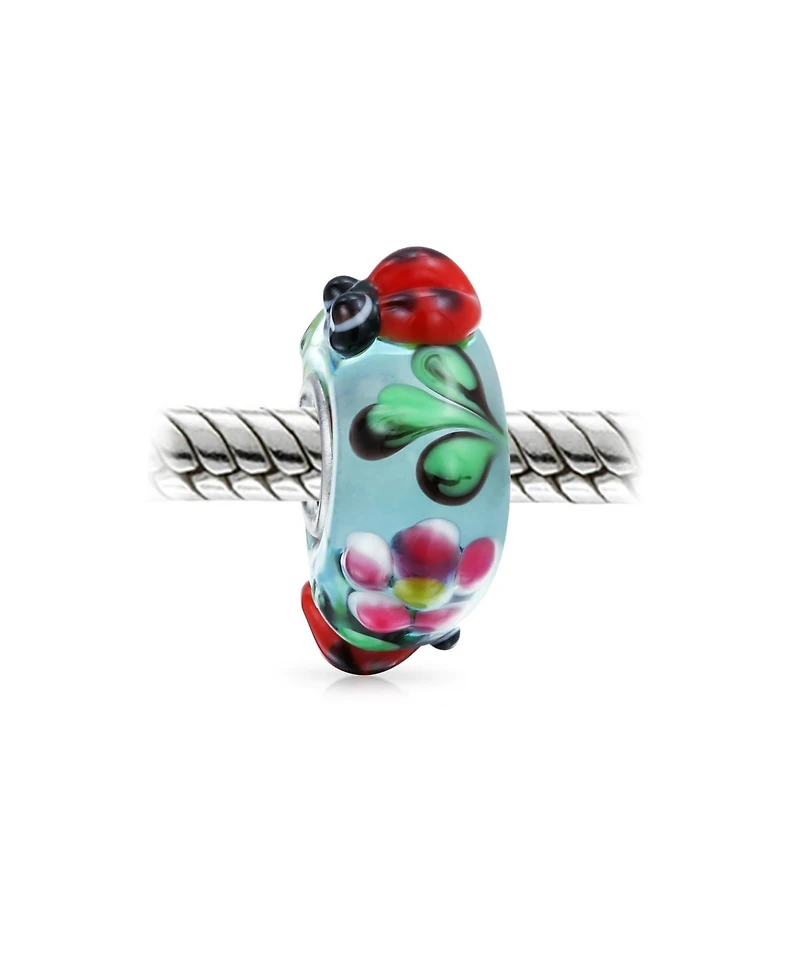 Bling Jewelry Set of 2 Bee & Ladybug Flower Murano Glass Charm Bead Sterling Silver