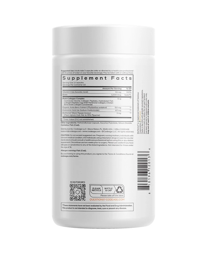 Codeage Multi Collagen Supplement With Vitamin C, Biotin 5000 mcg, Hyaluronic Acid, BioPerine, 5 Types of Collagen Grass-Fed, 180 Capsules