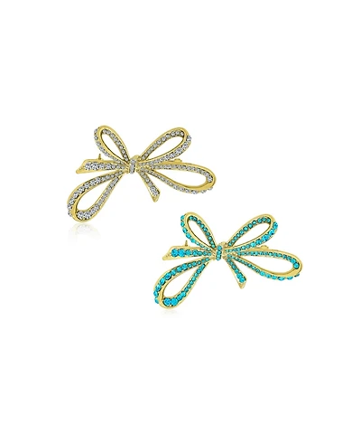 Bling Jewelry Set of 2 Winter Clear Blue Crystal Ribbon Bow Brooch Pin Gold Plated