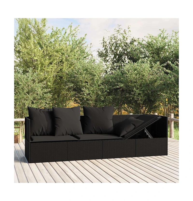 Outdoor Lounge Bed Black Pe Rattan Large Adjustable Armrests