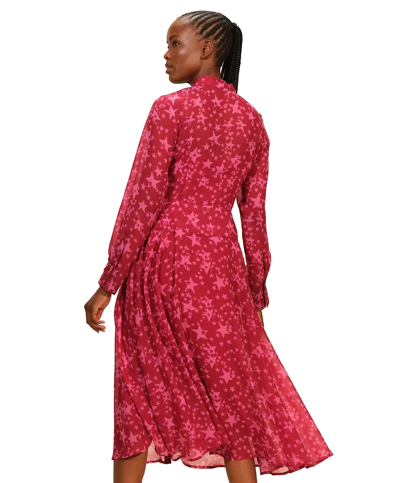 Isaac Mizrahi Women's Tie Neck Pleated Button Front Dress