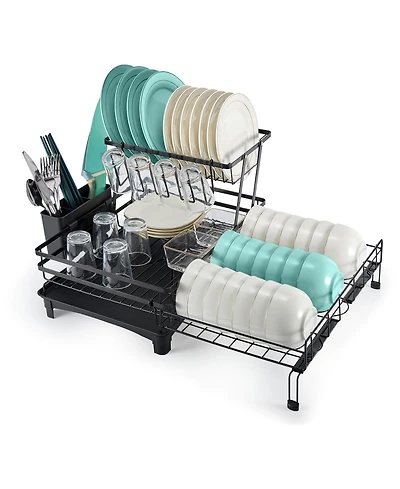 2-Tier Collapsible Expandable Dish Rack with Swivel Drain Spout and Rust-Resistant Stainless Steel Frame