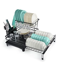 2-Tier Collapsible Expandable Dish Rack with Swivel Drain Spout and Rust-Resistant Stainless Steel Frame