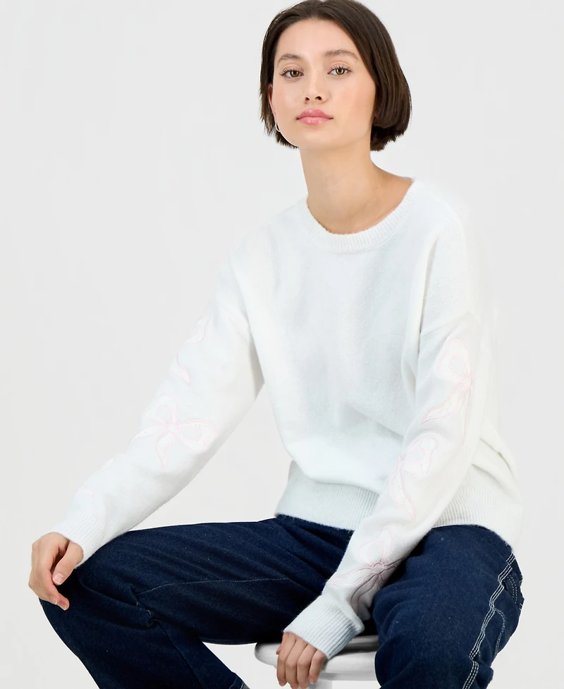 Planet Heart Juniors' Long-Sleeve Drop-Shoulder Lace Bow Crewneck Sweater