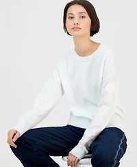 Planet Heart Juniors' Long-Sleeve Drop-Shoulder Lace Bow Crewneck Sweater