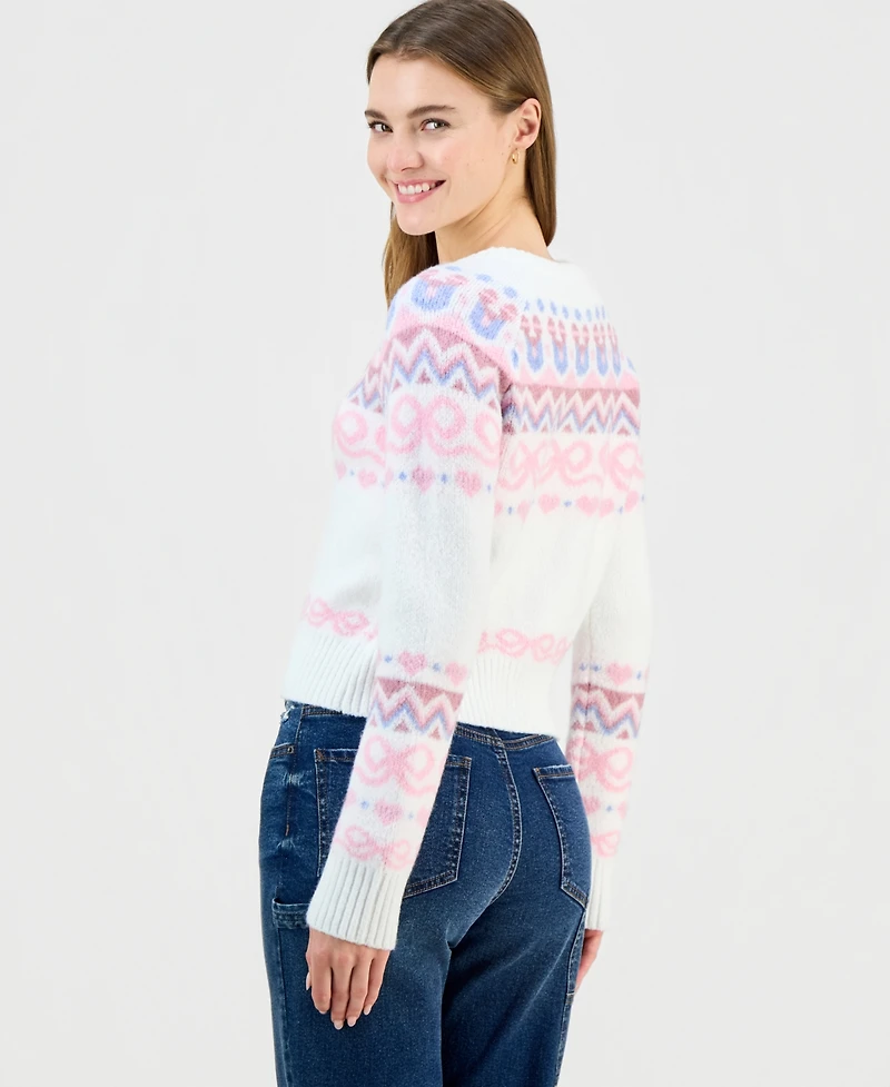 Planet Heart Juniors' Bow Fair Isle Cardigan Sweater