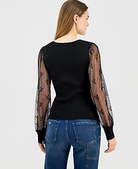 Madden Girl Juniors' Square-Neck Bow-Mesh Sleeve Top