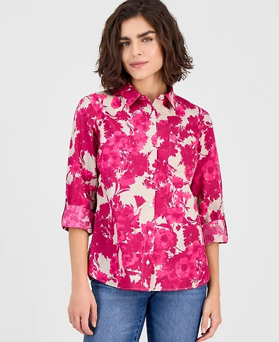 Nautica Jeans Women's Festival Floral Roll-Tab Cotton Shirt